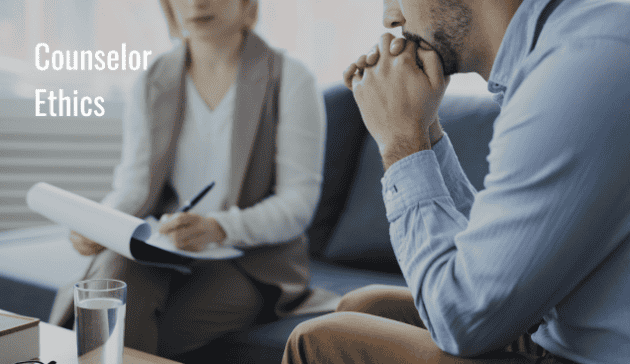 A counseling session in progress: a male client sits on a couch, leaning forward with hands clasped near his face in contemplation, while a female counselor takes notes with a clipboard and pen. The text “Counselor Ethics” appears on the left side of the image. This visual represents the importance of ethical decision-making and professionalism in counselor-client relationships.